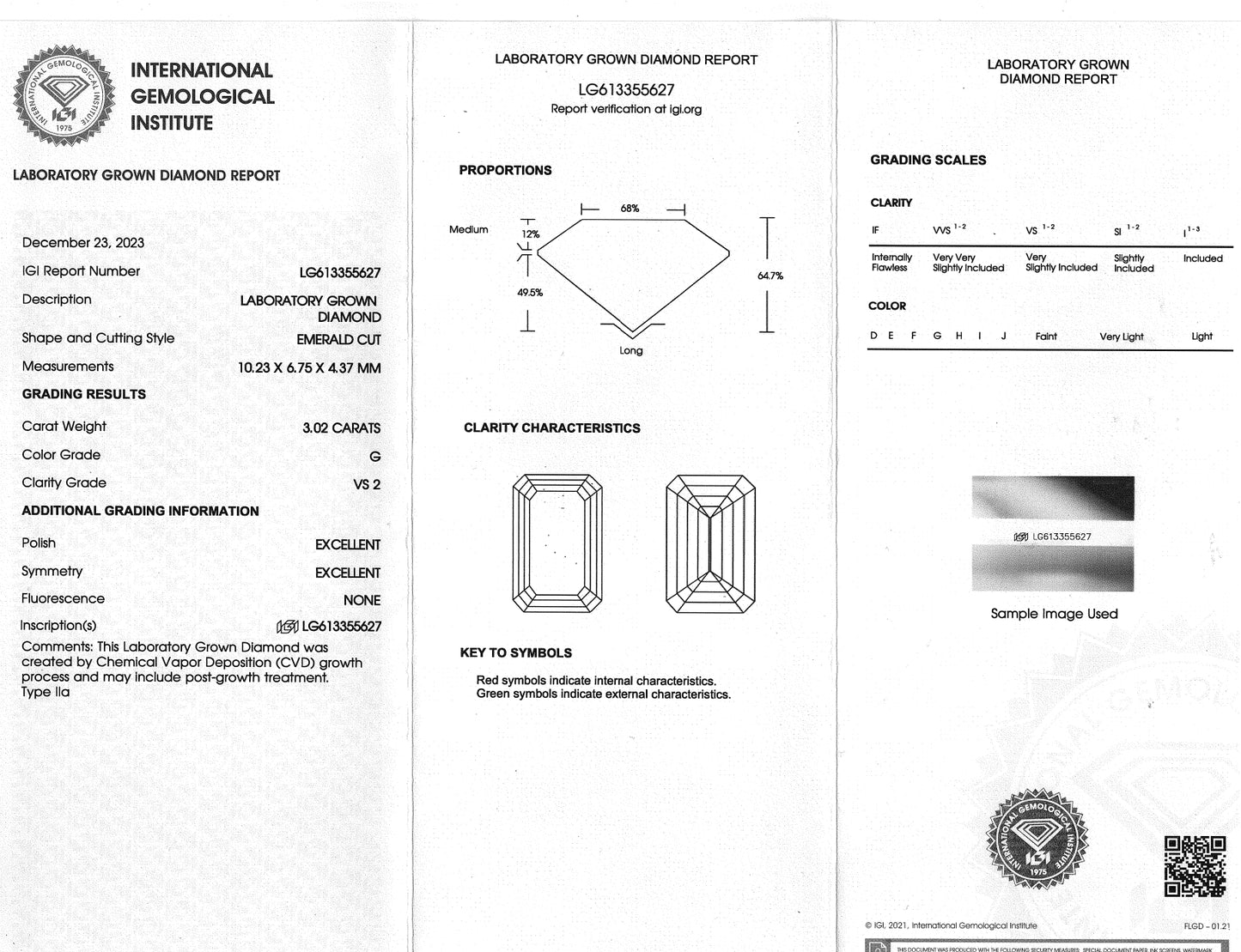 3.02 Carat Emerald Cut Certified Lab Created Diamond Ring