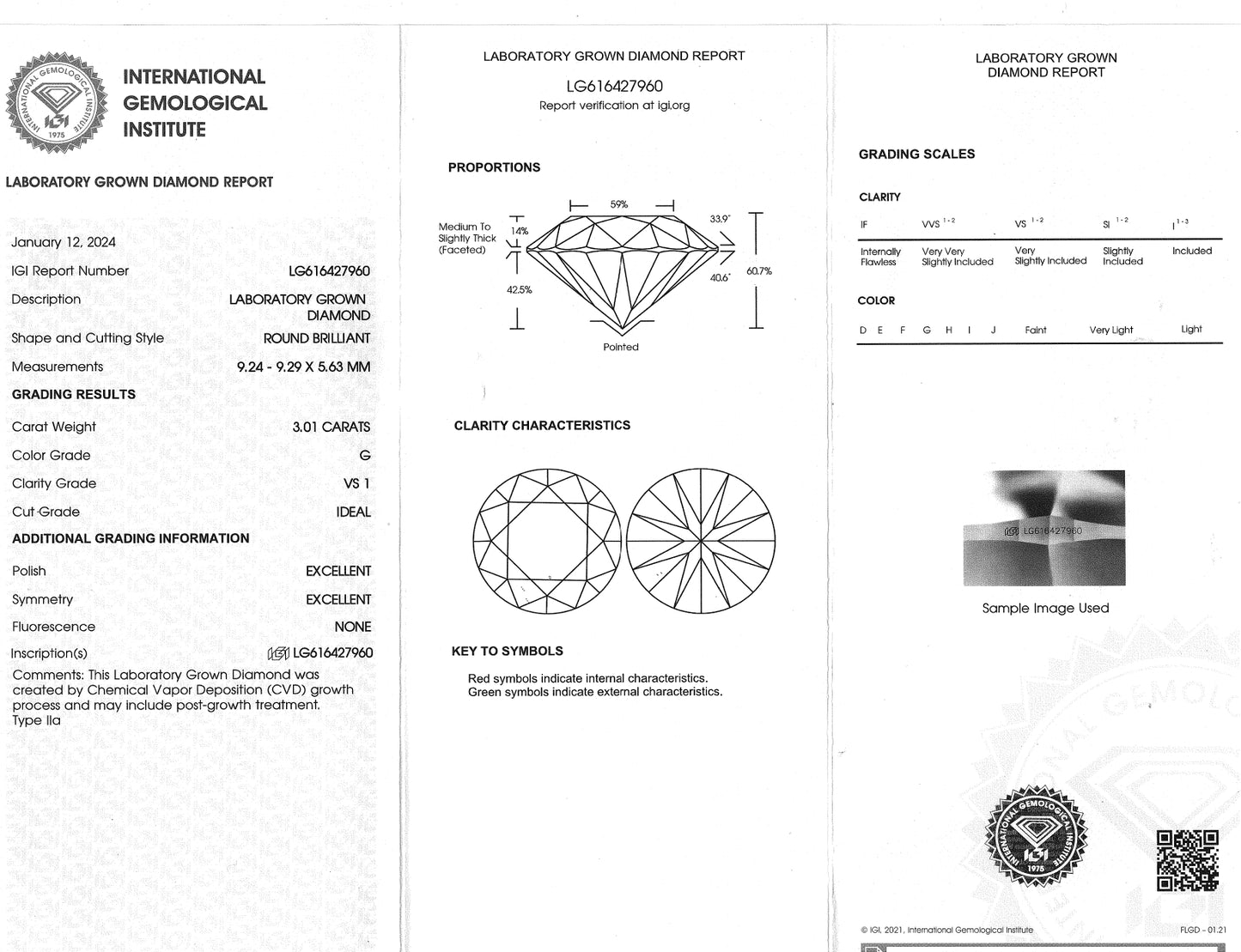 3.01 Carat Round Cut Certified Lab Created Diamond Ring